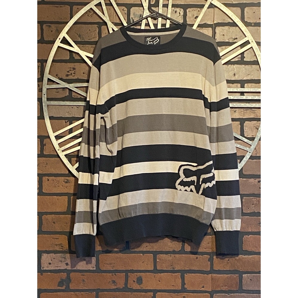 Men's Fox Racing Striped Crew Neck Cotton Sweater Black/Gray Size XL